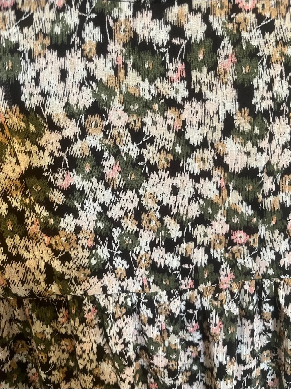 Floral Tiered Long Sleeve Dress - Olive Green with Pink & Cream Flowers